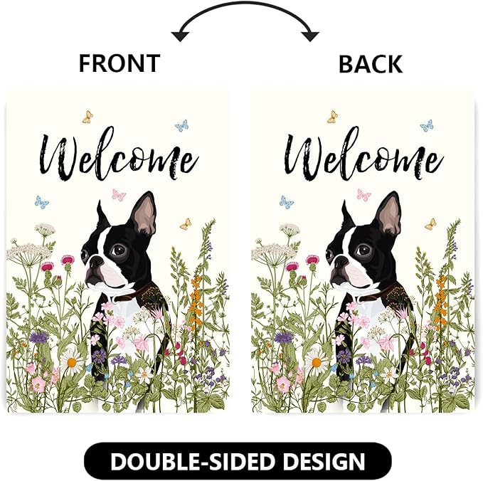 Floral Boston Terrier Garden Flag 28 x 40 Double Sided Multicolored Flower Dog Yard Flag for Outdoor Welcome