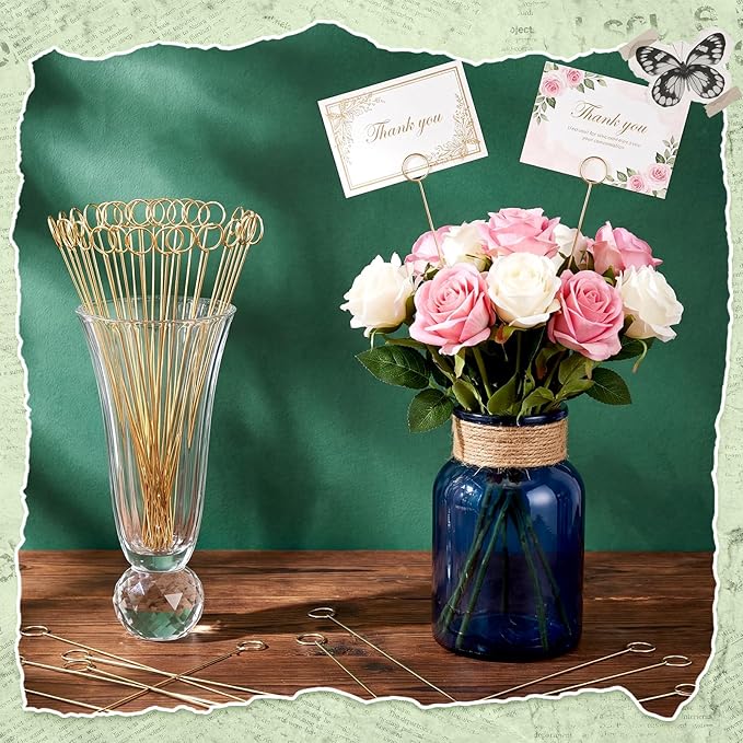 Patelai 500 Pcs 12'' Golden Ring Loop Round Shape Card Holders Floral Picks Clips for Wedding & Flower Arrangements, DIY Craft Wire Clip Table Card Holders Note Photo Picture Memo Holder Cake Topper