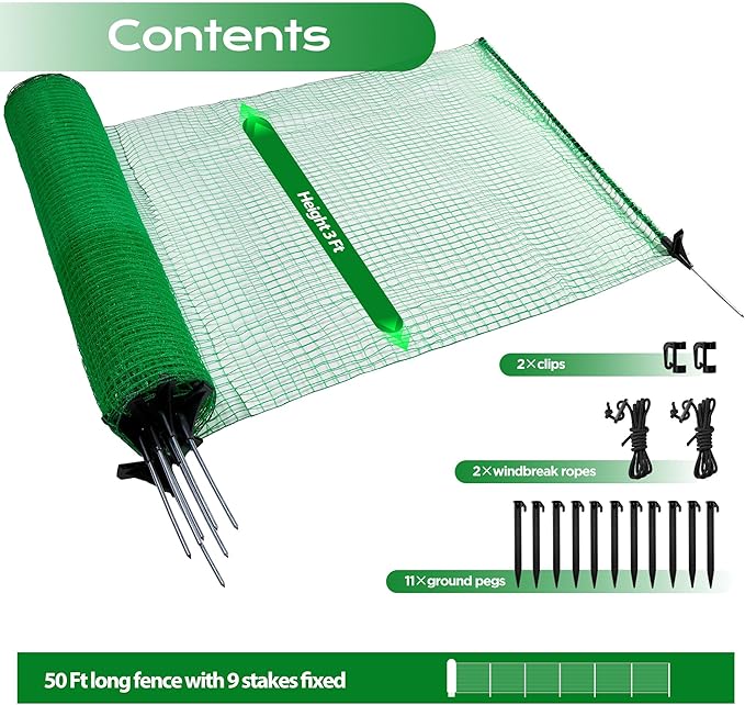 HIDALIFE Temporary Fence with Posts,3‘x50‘ Safety Barrier for Dog Snow Plastic Mesh Fencing with Fiberglass Stake Windbreak Rope,Movable Fencing Roll for Garden Backyard Outdoor Animal Protect