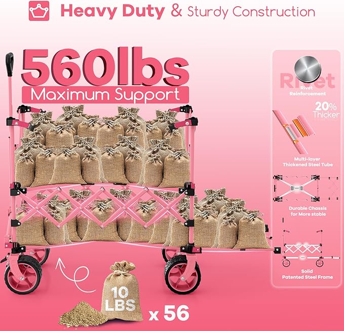 400L Double Decker Wagon Collapsible with 54" L Tailgate, 560lbs Heavy Duty Wagons Carts Foldable, Extra Large Folding Beach Wagon with Big All-Terrain Wheels for Camping, Sports, Groceries, Pink