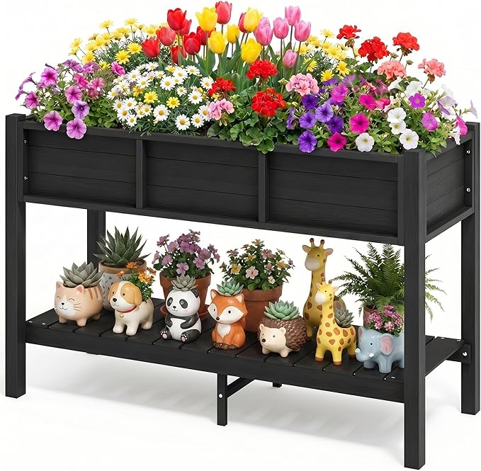 DWVO 48x18x30in Raised Garden Bed Kit, HDPE Planter Box Stand, Poly Wood Weather-Resistant Planter Box with Legs & Storage Shelf, Elevated Garden Bed for Backyard, Patio, Balcony,Black