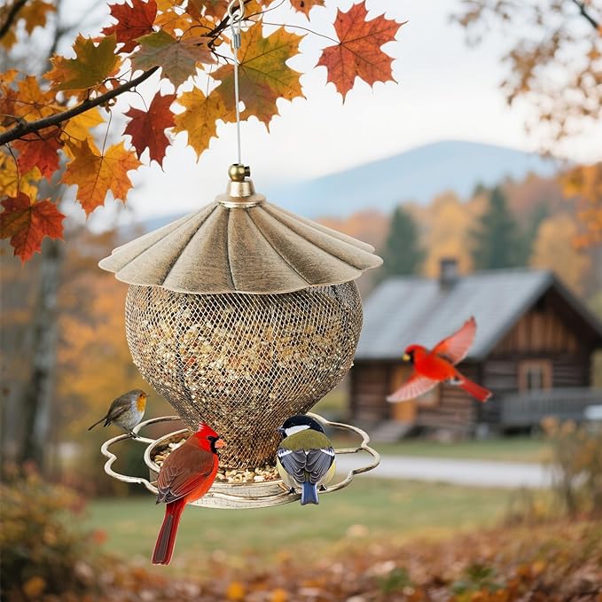 MYITYARD Bird Feeders for Outdoors, Large Capacity Metal Hanging Bird Feeder, Easy Fill Wild Bird Feeders for Garden Yard Decorative, Attracting Wild Birds, Vintage Bronze