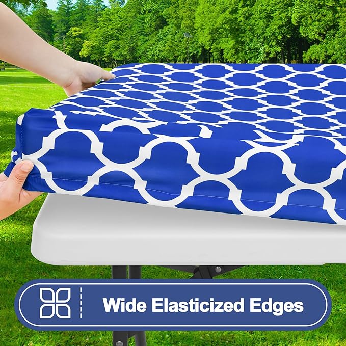 Smiry Picnic Table Cover with Bench Covers, Waterproof Elastic Fitted Tablecloth for 8 Foot Tables, Washable Polyester Tablecloths for Camping, Indoor & Outdoor (Blue, 30x96 Inch 3-pc Set)