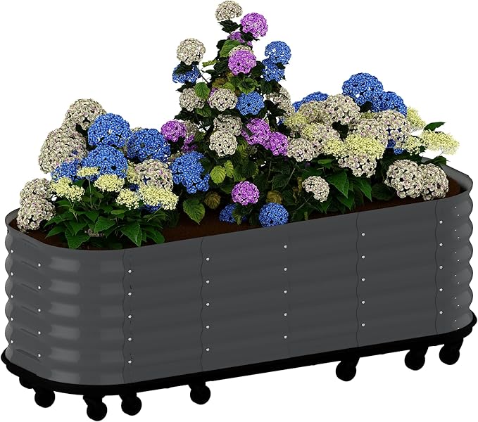 GarveeHome Self-Watering Wheeled Metal Garden Bed – Mobile Raised Planter Box with Water, Galvanized Steel Indoor/Outdoor Rolling Grow Station for Herbs, Veggies & Decor （94.5 in x23.6 in x19.7,Gray