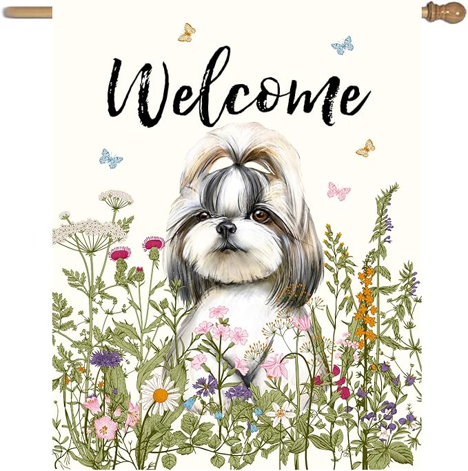 Floral Shih Tzu Garden Flag Spring Summer House Flags 28 x 40 Double Sided Flower Dog Yard Flags for Outside Large Outdoor Welcome Flags