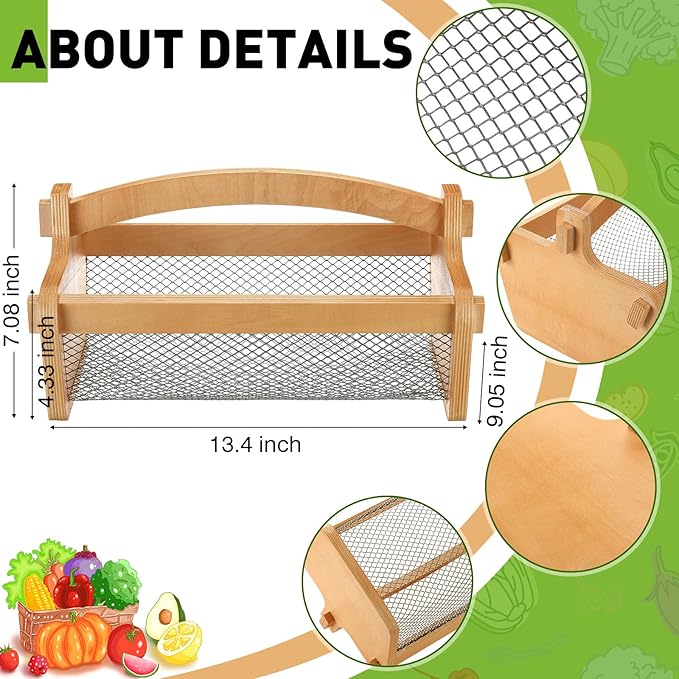 Teenyyou Garden Harvest Basket Mesh Storage with Handle Versatile Gardening Fruits Vegetables Gathering Basket Garden Supply Gardener Gift Spring for Washing Holding(Wood Color,13.4in)