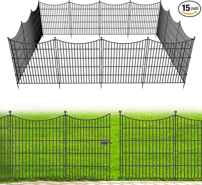 15 Panels Decorative Garden Fence with Gate, 32 in(H) X 35.4 ft(L) No Dig Dog Fence Animal Barrier Outdoor for Yard, Rustproof Metal Garden Edging and Borders, Temporary Fencing Stakes