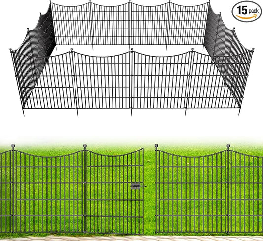 15 Panels Decorative Garden Fence with Gate, 32 in(H) X 35.4 ft(L) No Dig Dog Fence Animal Barrier Outdoor for Yard, Rustproof Metal Garden Edging and Borders, Temporary Fencing Stakes