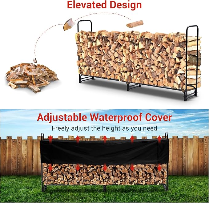 PeakPursuit 8FT Firewood Rack Outdoor with Waterproof Cove, Heavy Duty Logs Holder for Indoor Fireplace Metal Wood Pile Storage Stacker Organizer, Black