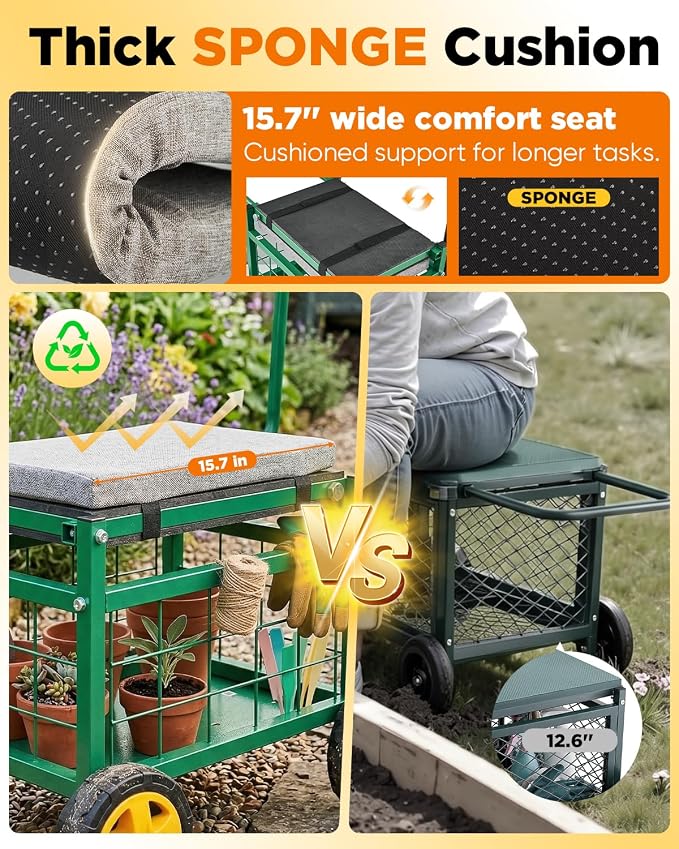 Saker Rolling Work Seat with Wheels - 15.7'' EVA Padded Stool, 400 lb Steel Frame, Large Storage Basket - Patio Lawn Backyard Cart for Gardening Tasks (Luxury Version)