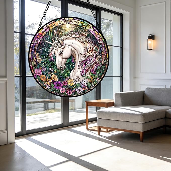 DASTOLL Stained Glass Window Hanging, Unicorn Flowers Suncatcher for Doors Home Sun Catchers Decoration and Christmas, Mother's Day Birthday Gifts for Women, Men, and Mom 11.8x11.8 in