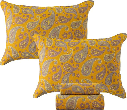 FADFAY Paisley Sheets Set King Vintage Yellow Grey Floral Bedding Shabby Farmhouse Bedding Super Soft Washed Double -Layer Muslin Sheets Luxury 100% Cotton Deep Pocket Fitted Sheet 4Pcs, King Size