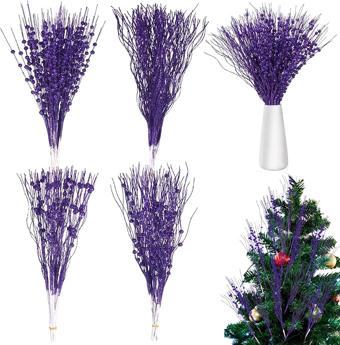 36 Pcs 17'' 15'' Christmas Artificial Glitter Berry Stems 4 Styles Xmas Decorative Tree Picks Branches Large Glittery Twigs for Christmas Tree Xmas Wreath Vase Filler(Purple)