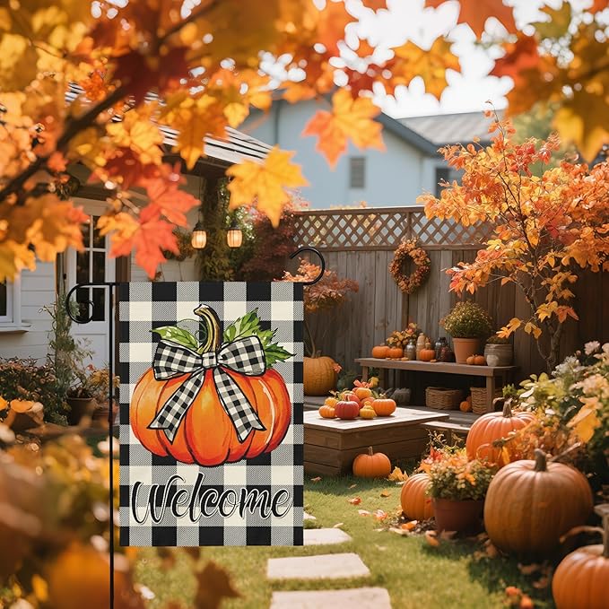 Fall Pumpkin Garden Flag 12x18 Inch Welcome Autumn Harvest Theme Thanksgiving Buffalo Plaid Decorative Yard Flags for Outside Double Sided Outdoor Home Farmhouse Decoration Porch Decor