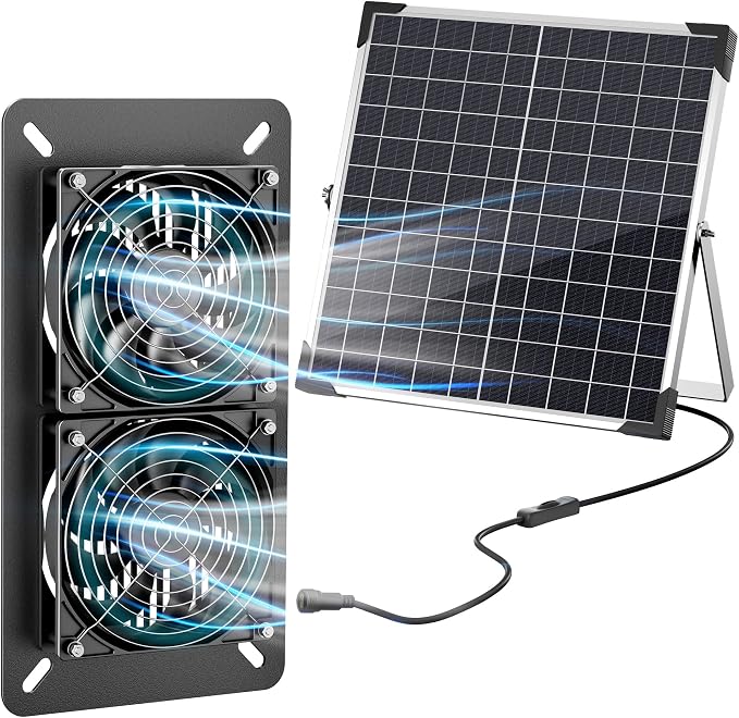 Solar Fan Kit for Chicken Coop - Two IP65 Waterproof 5" Solar Powered Fans - Outdoor Exhaust Intake Ventilation Fan for Outside Shed Greenhouse Attic Pet House - Strong Airflow Without Battery