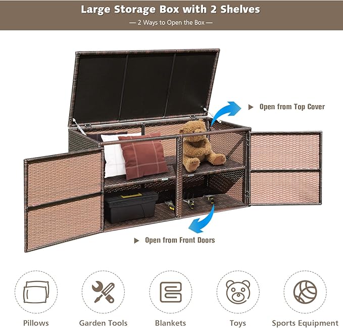 RELAX4LIFE PE Wicker Storage Box - Outdoor 88 Gallon 2-Tier Deck Box for Patio Furniture Toys Storage w/Lid & Front Doors, All Weather Rattan Storage Bin for Backyard Garden Poolside Porch (Brown)