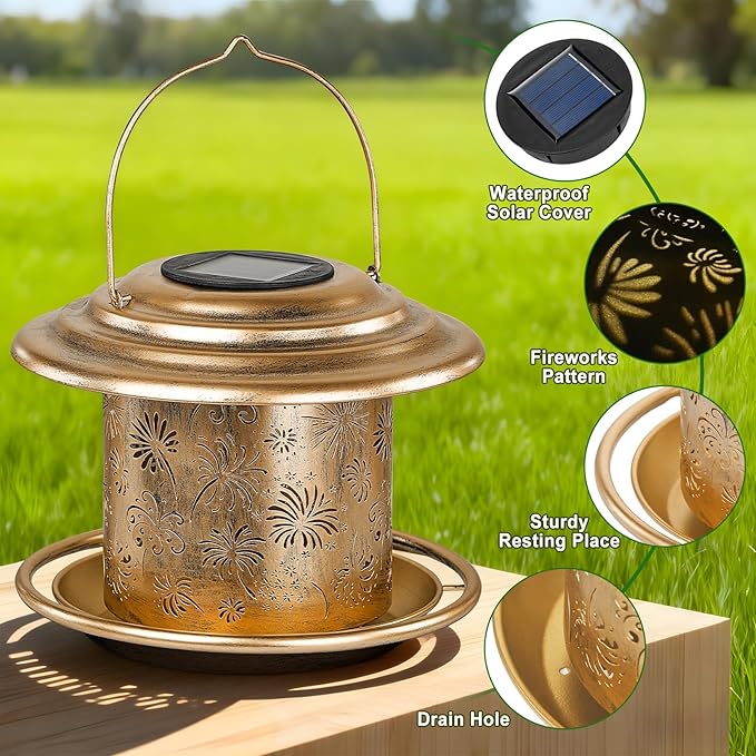 Solar Bird Feeders for Outdoors, Weatherproof Metal Bird Feeder, Outside Hanging Birdfeeder Lantern with Flowers Pattern for Courtyard Garden Decoration