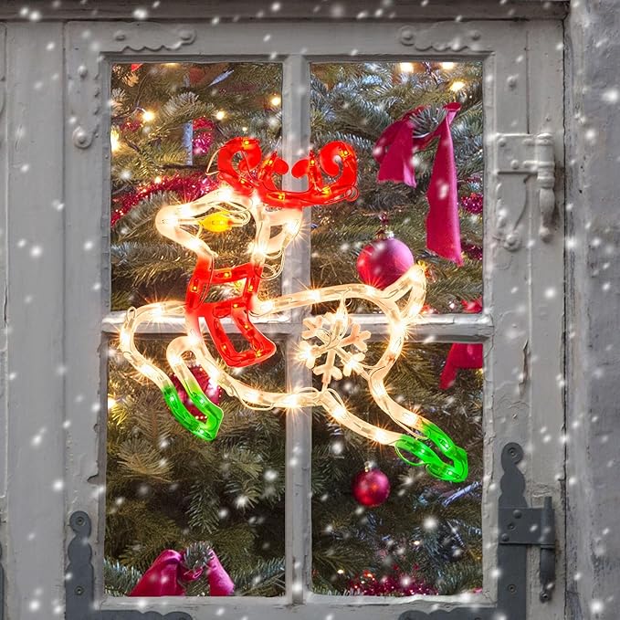 Christmas Window Silhouette Lights, Lighted Deer Double Sided Decorations with 50 Count Incandescent Mini Light for Holiday Indoor Wall Door Glass Decor