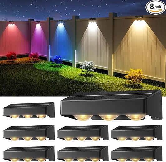 NIORSUN Solar Fence Lights,8 Pack Solars Deck Light,RGB Color,Outdoor Bulb Waterproof Led IP65,Power Patio Lamp with Lenses for Outside/Backyard/Railing/Yard(Black)