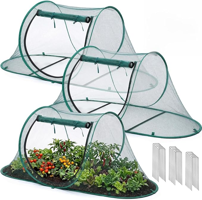 Threehoney 3 Pcs 70" x 24" x 24" Large Pop up Garden Mesh Plant Cover Adjustable Plant Netting Cover Vegetable Mesh Protector Net Cage Guard with 18 Ground Nails for Protecting Vegetables Fruits