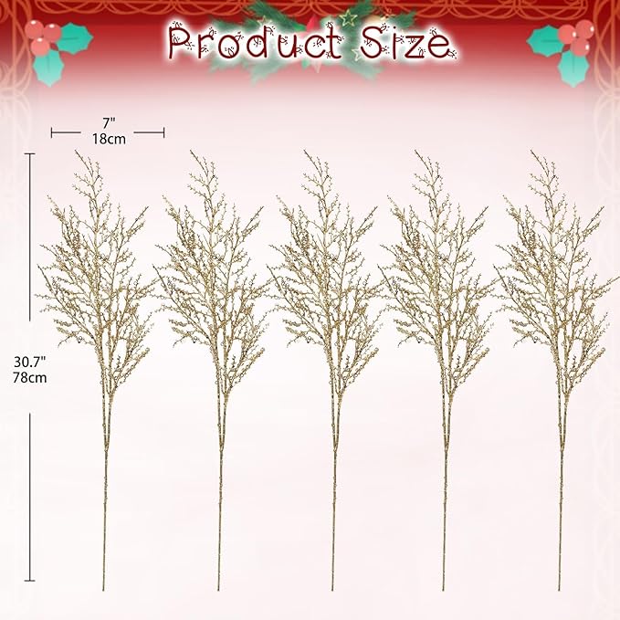 30.7" Christmas Glitter Stems, 5Pcs Champagne Gold Artificial Spray Leaf Picks Tall Branches for Christmas Tree DIY Xmas Wreath Garland Arrangment Vase Bouquets Table Centerpieces Decoration