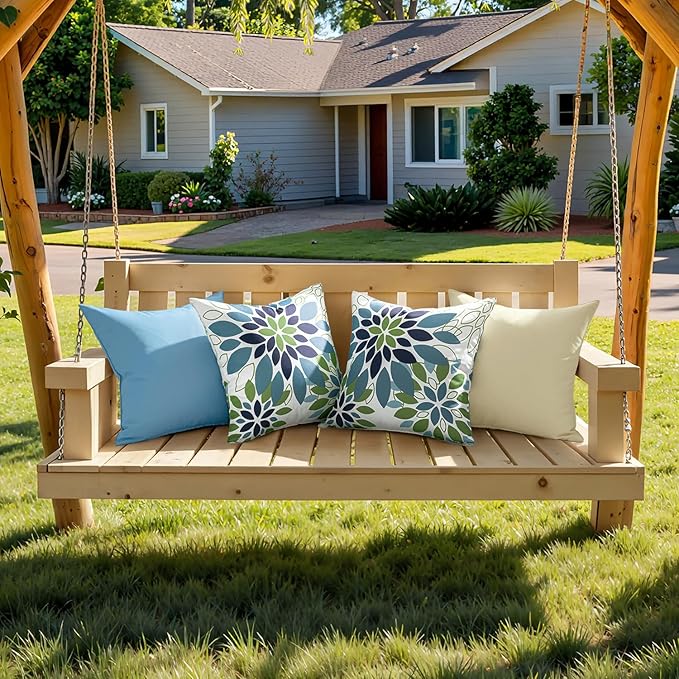Floral Outdoor Pillow Covers Waterproof Spring Throw Pillow Cases Blue Green 18x18 Inch Set of 2 Decorative Summer Cushion Covers for Patio Furniture Garden Bench Porch Sofa