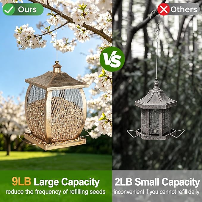 Bird Feeder, Heavy Duty Metal Wild Bird Feeders for Outdoors Hanging, 9 Lbs Extra Large Bird Feeder for Garden Yard Outside Backyard, Retro Lantern Shape