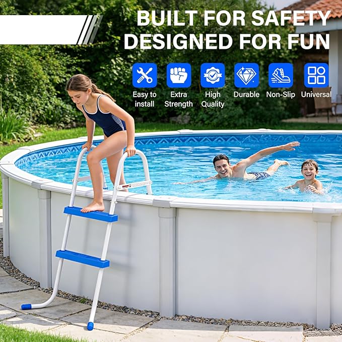 Heavy Duty Steel Frame Swimming Pool Ladder for Above Ground Pools, 2-Step Double-Sided Pool Stairs for 33.5" Height Pools, 450lbs Capacity with Anti-Slip Rubber Feet & Wide Steps