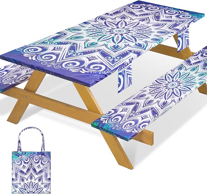 Fitted Waterproof Picnic Table Cover with Bench Covers Elastic Stain Resistant Camping Table clothes for 6Feet Rectangle Tables Outside Parties Necessities Gift Travel Trailers Trips Rv Things