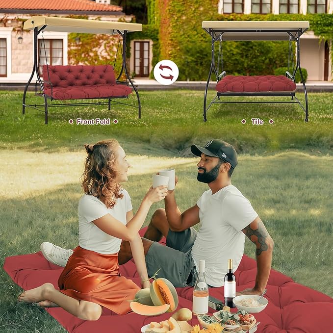 Porch Swing Cushions 2 Seater Replacement Thicken 5" Waterproof & Fade Resistant Swing Cushions for Outdoor Furniture Bench Patio Swing Cushion with Backrest & Ties(Wine Red 40x40x5inch)