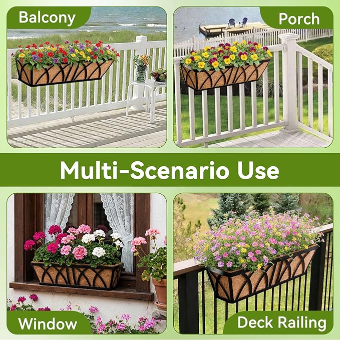 Halatool 24 Inch Heavy-Duty Metal Deck Railing Planter Box, 2 Pack Rust-Resistant Rectangular Window Boxes Planters with Coco Liner & Adjustable Brackets, Grow More On Your Balcony, Patio & Fence