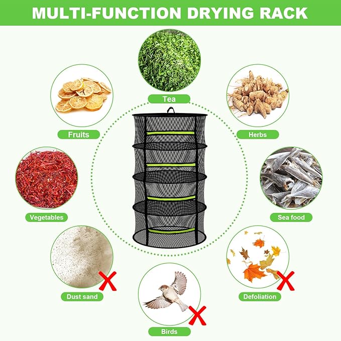 MEKOLIFE Herb Drying Rack Hanging-8 Layer, Collapsible Large Capacity Mesh Net with Green Zipper, Hooks & Bonus Garden Scissors, for Fresh Herbs/Flowers/Plants, Indoor Outdoor Use (23.62")