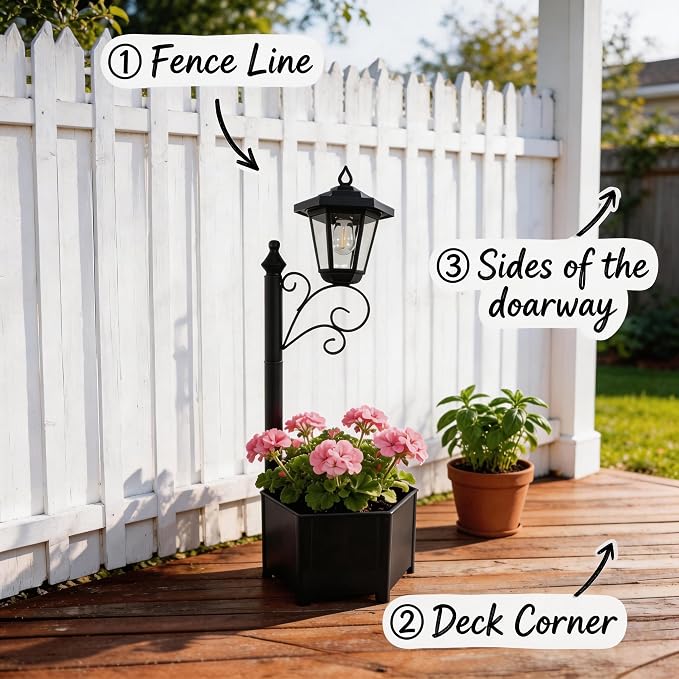 2 Pack Solar Floor Lamps with Planter (2-in-1 Design), 29.5" Outdoor LED Garden Lights - IP44 Waterproof, Warm White Auto-On at Dusk, Easy Install for Lawn, Patio, Porch, Yard & Pathway Decor