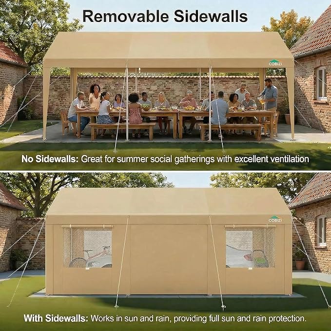 COBIZI 10x20 FT Heavy Duty Carport with Galvanized Frame, Carport Canopy with Roll-up Windows, Storage Tent with Removable Sidewalls & Doors, Built-in Sandbags for Car, Boat, Truck, Khaki