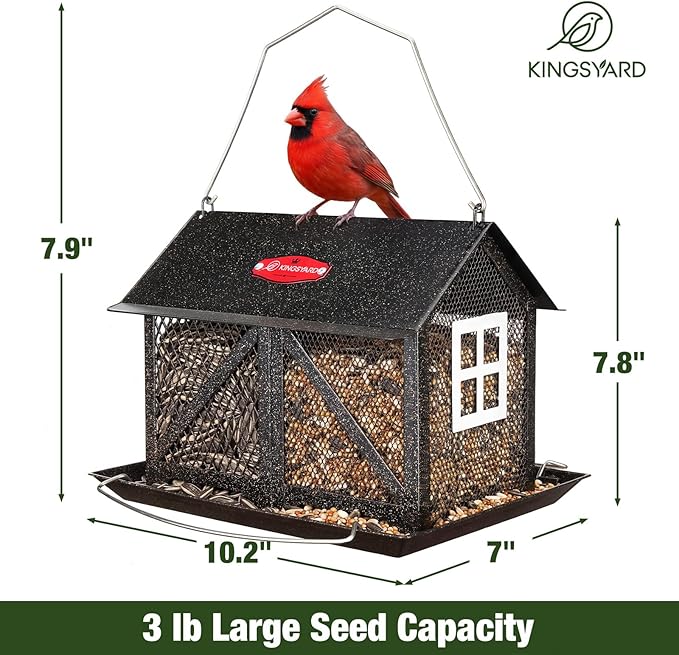 Kingsyard Metal Bird Feeder for Outdoors Hanging, 2-in-1 Wild Bird Feeder with Seed Tray & Built-in Perch, 5 lb Large Capacity for Cardinal Chickadee Finch, Black