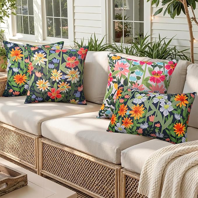 Pyonic Spring Summer Floral Outdoor Pillow Covers 16x16 inch Waterproof Throw Pillow Covers Outdoor Pillows for Patio Furniture Garden Bench Porch,Navy Blue