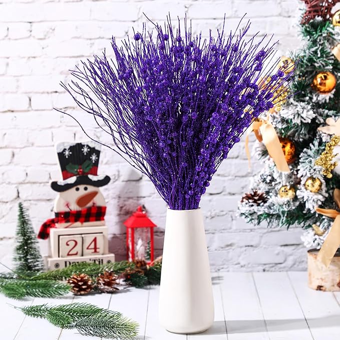36 Pcs 17'' 15'' Christmas Artificial Glitter Berry Stems 4 Styles Xmas Decorative Tree Picks Branches Large Glittery Twigs for Christmas Tree Xmas Wreath Vase Filler(Purple)