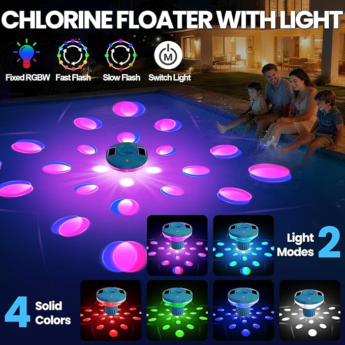 ChlorBlu Solar Chlorine Floater,Chlorine Floater with Colorful Lights,Large Capacity Floating Chlorine Dispenser for Pool,7.6" Pool Chlorine Floater,Button Control Chlorine Floater for Hot Tub(Blue)