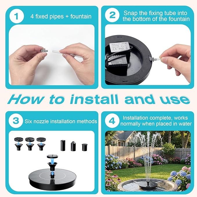 AMZtime Solar Fountain for Bird Bath, New Upgrade Mini Solar Fountain Pump, Free Standing Solar Powered Water Pump for Garden, Outdoor, Fish Tank, Pond and Pool