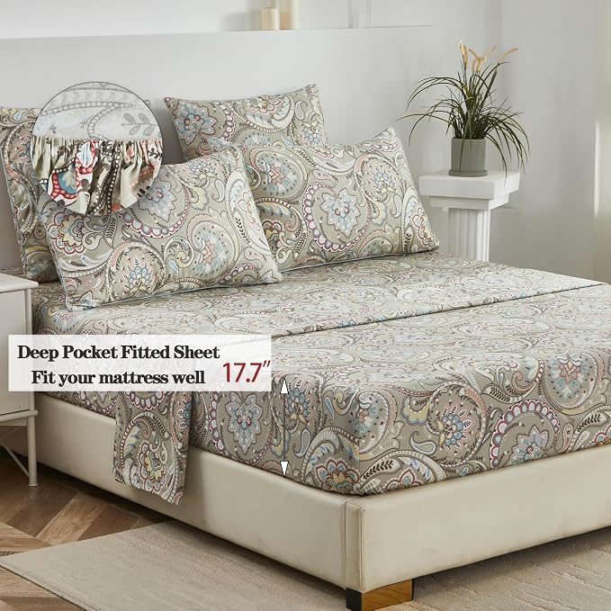 FADFAY Paisley Sheets Set Queen Vintage Floral Bedding Set 100% Egyptian Cotton Soft Breathable Bed Sheets Luxury 17.7“ Deep Pocket Fitted Sheet Shabby Beige Boho Style for All Season, Queen Size