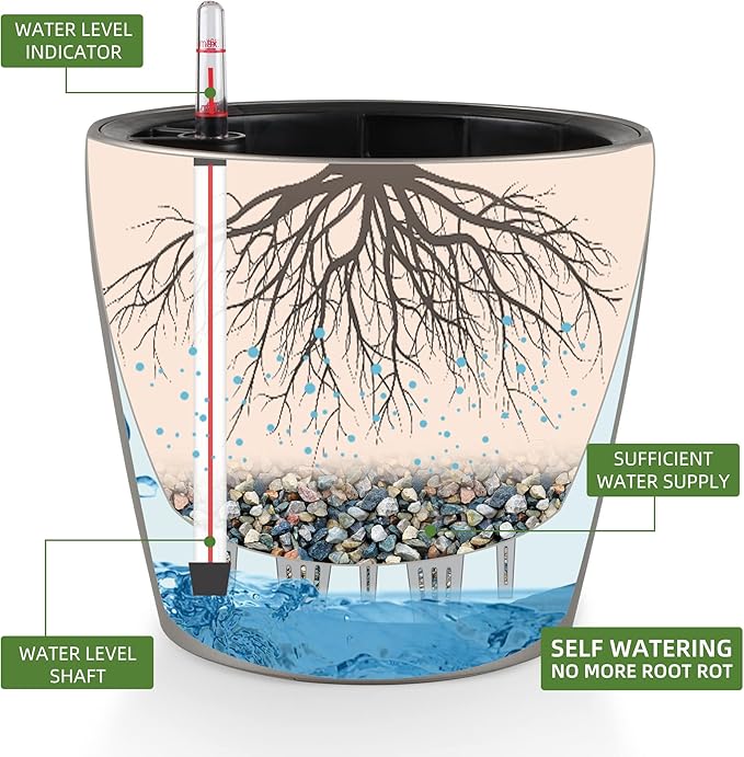 Dexceder 9x8 Self Watering Planter (Smoky Gray Matte) | Inner Pot Design, Thickened Metallic Table Flower Plant Pot with Water Level Indicator Indoor Outdoor