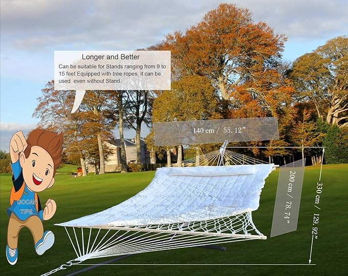 GOCAN Mesh Hammock,Cotton rope hammocks with Pad Chains Hooks Tree Straps fit stands from 9' to 15' for outside indoor patio yard