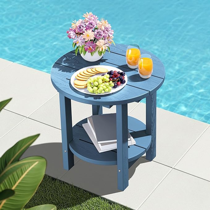 SERWALL Round Outdoor Side Table Set of 4, HDPE Small Adirondack Double End Table, Navy