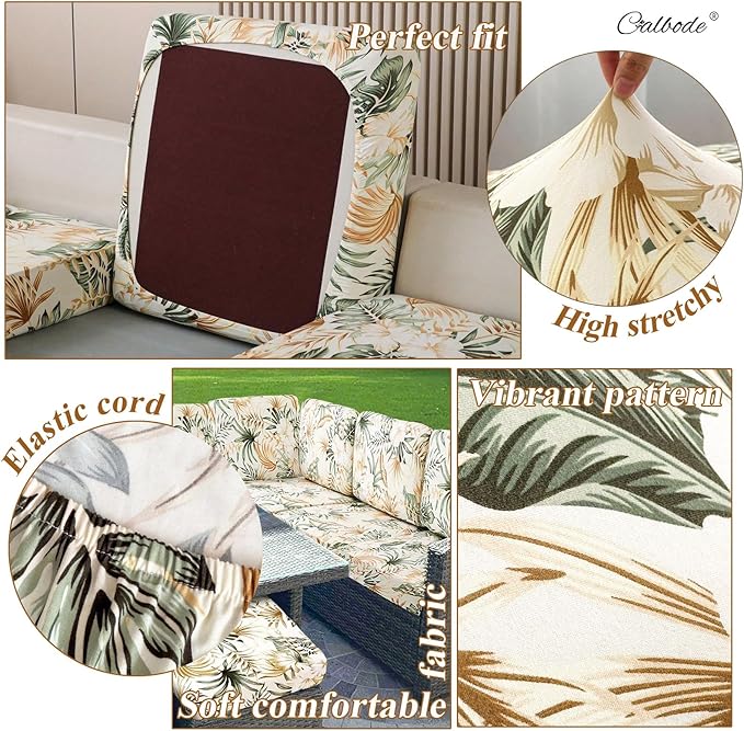 CALBODE 8Pcs Stretch Patio Cushion Cover, Tropical Floral and Leaf Pattern Sofa Covers for Patio Furniture Cushions Washable Reusable Couch Covers Replacement for All Season (Cover Only)