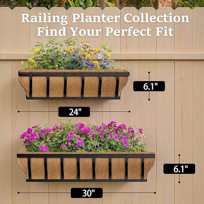 VOXOR Railing Planter Boxes, Heavy Duty Window Box Planters, Adjustable Balcony Planters for Railing Hanging, with Coco Liner for Deck, Porch, and Patio Gardening (2 Pack, 24 Inch)