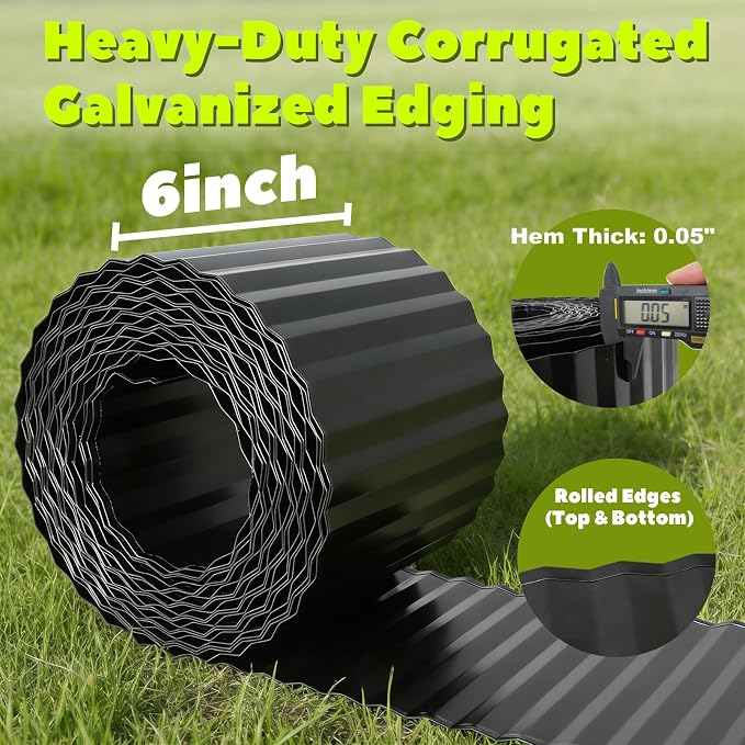 A ANLEOLIFE 40FT Galvanized Steel Landscape Edging Roll, 6" Tall Sturdy Flexible Corrugated Metal Lawn Border for Garden, Pathway & Flower Beds, Black