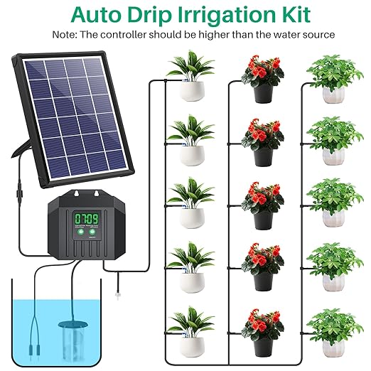 NFESOLAR 4W Solar Drip Irrigation Kit for Outdoor Indoor Plants, Customizable Watering Duration 1–30min & Interval 3h–7d, Solar Irrigation System for Garden Patio Balcony Vacation