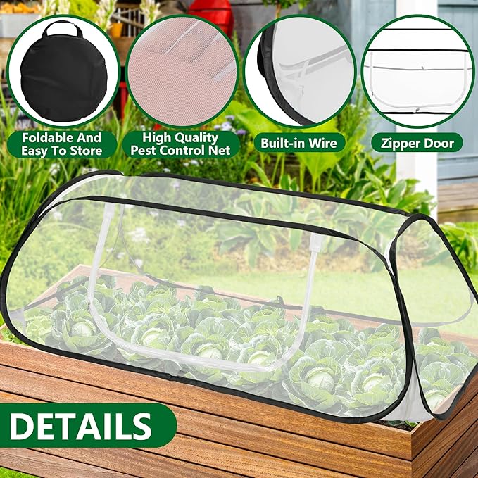 2 Pcs Pop Up Garden Rows Plant Cover, 46" x 22" x 16" Raised Garden Beds Vegetable Rows Plant Protector, Insect Bird Barrier Plant Net Cage with Stakes for Protecting Seedlings Fruits Vegetable Row