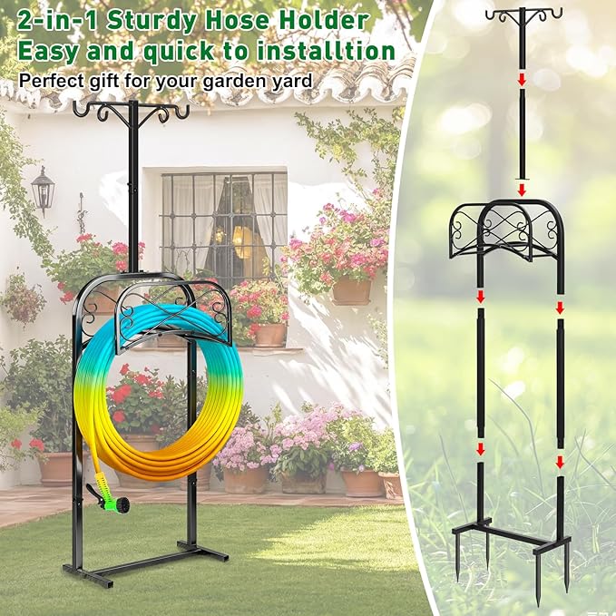 Gtongoko Garden Hose Holder for Outside 70 In With 4 Prongs Base & 2 Shepherds Hook Detachable Metal Water Hose Holder Freestanding Heavy Duty Organizer Holds 150FT Stand Hanger for Outdoor Black