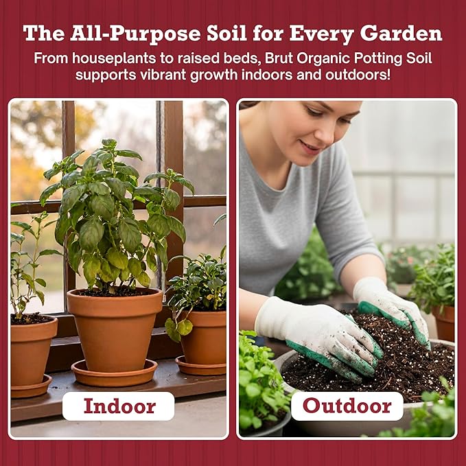 Brut Organic Potting Soil 1 CU FT – Premium Plant Soil with Organic Worm Castings, Trace Minerals & Perlite – Chemical-Free, Filler-Free – Ideal Potting Mix for Indoor & Outdoor Plants – Pack of 1